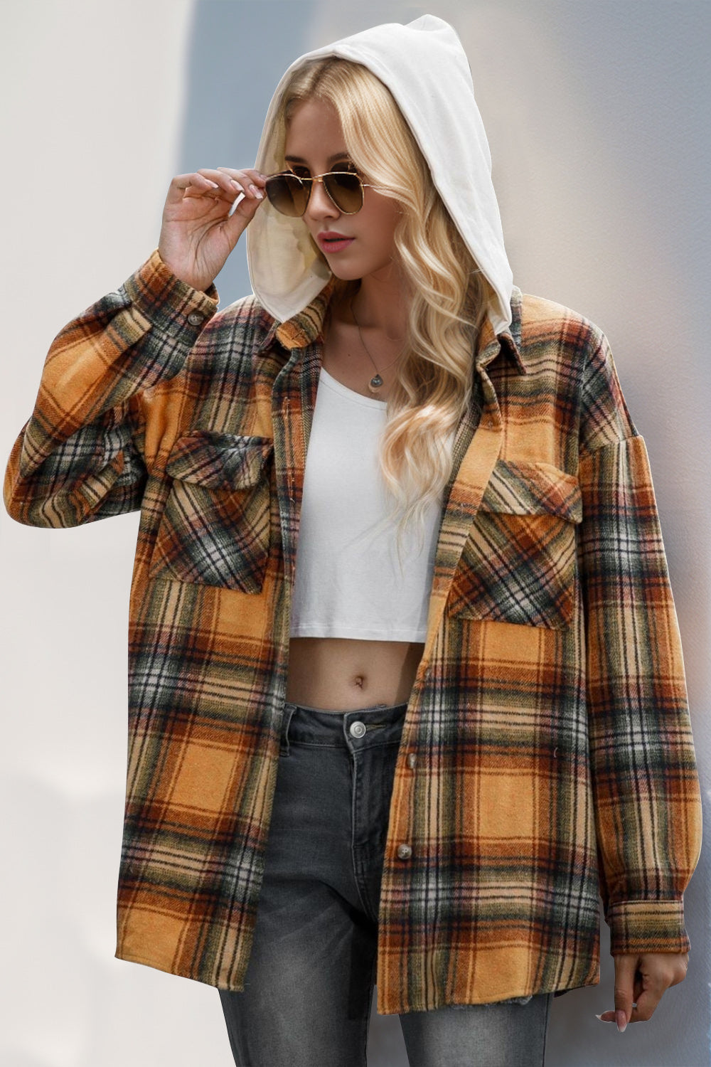 Double Take Drawstring Plaid Long Sleeve Hooded Shacket Sherbet