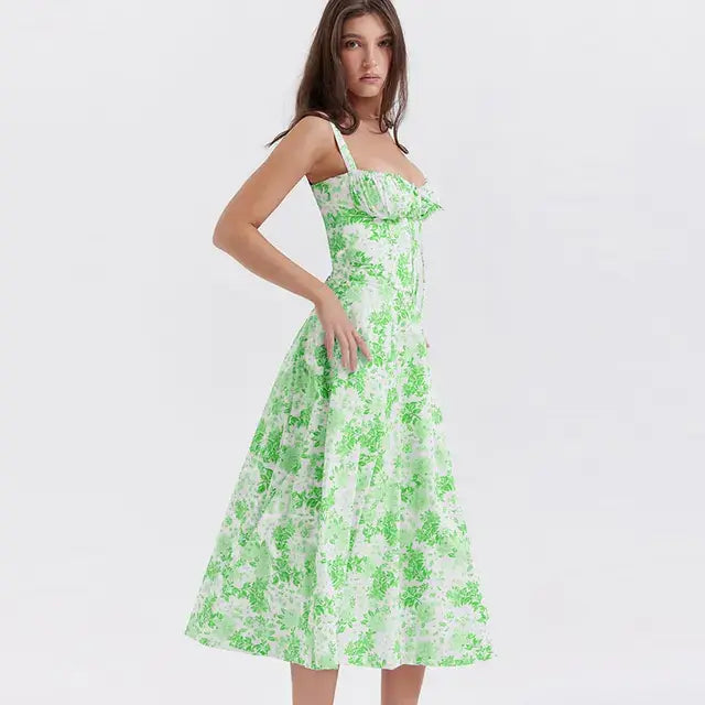 Summer Floral A-line Dress Green White L