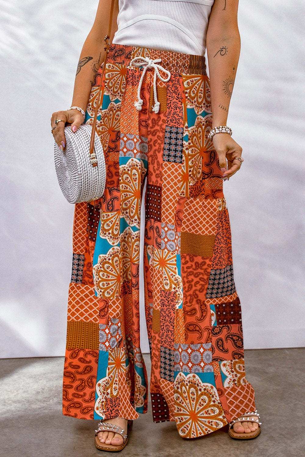 Full Size Drawstring Printed Wide Leg Pants Ochre