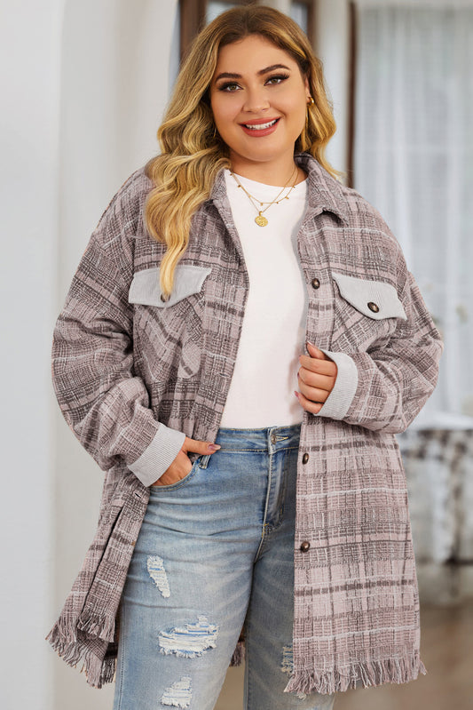 Pink Plus Size Macrame Plaid Coat Pink