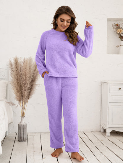 Ivy Lane Teddy Long Sleeve Top and Pants Lounge Set Lavender