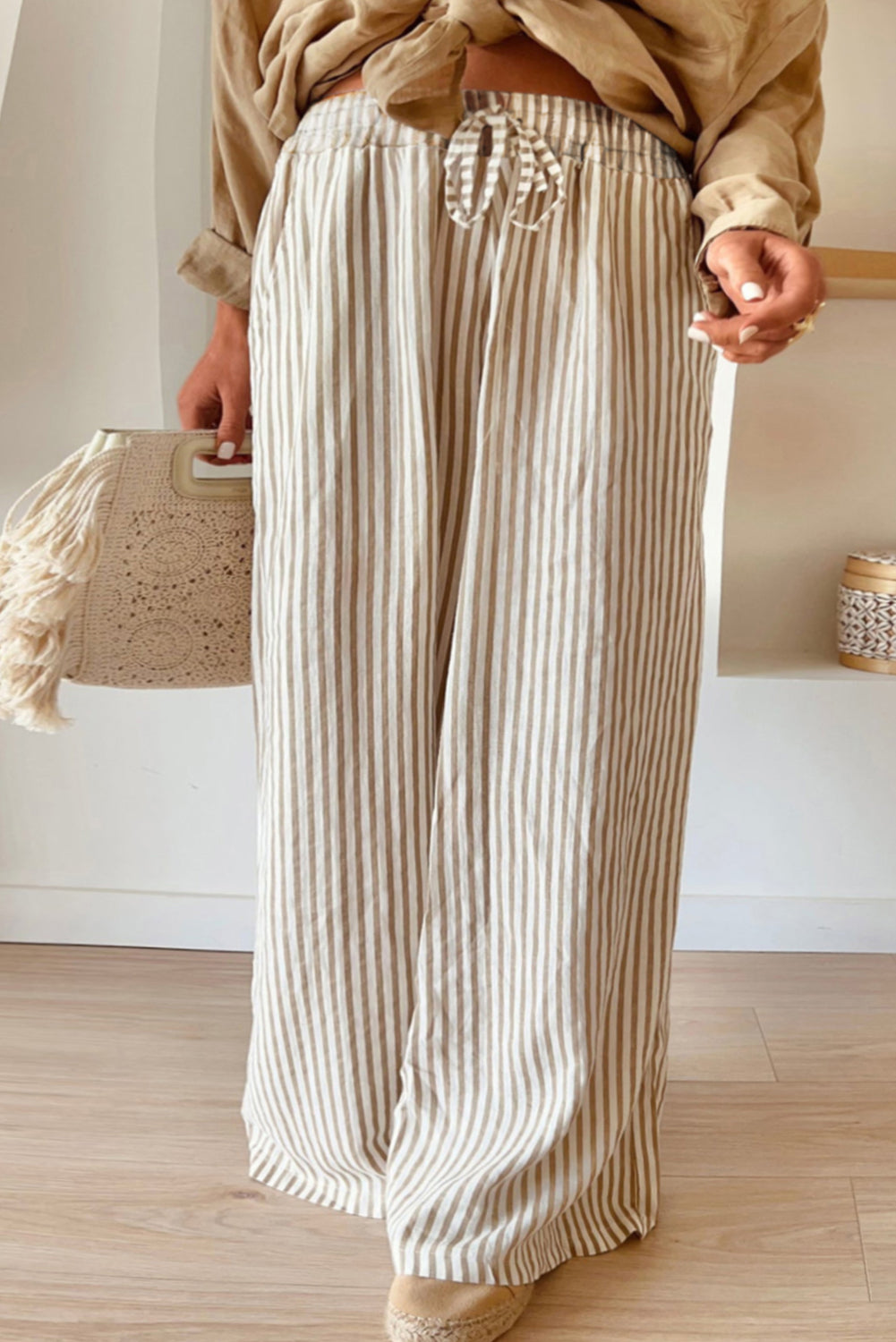 Khaki Stripe Plus Size Drawstring High Waist Wide Leg Pants Khaki Stripe