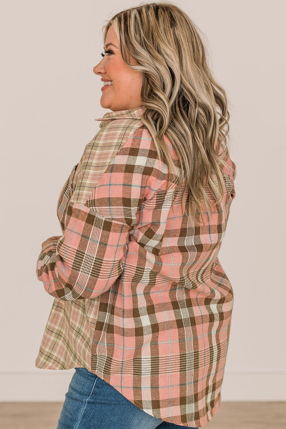 Pink Plus Size Color Block Plaid Long Sleeve Shirt with Pocket