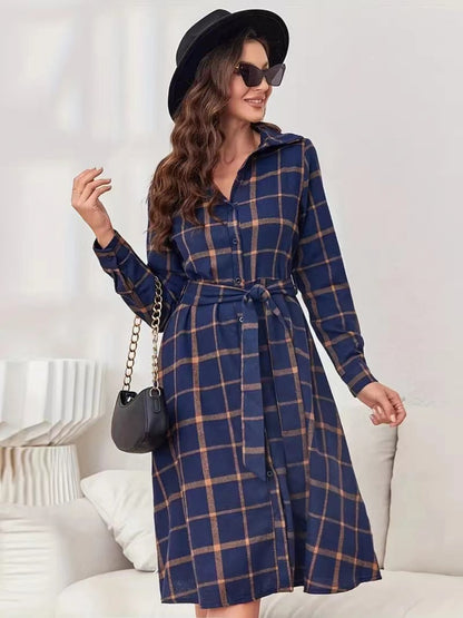 Plaid Tie Waist Long Sleeve Dress