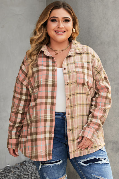 Pink Plus Size Color Block Plaid Long Sleeve Shirt with Pocket