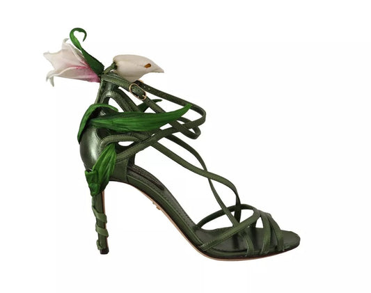 Dolce & Gabbana Acid Green Leather Strappy Flower Heels Sandals Shoes