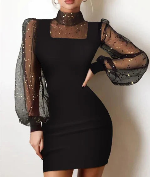 Mesh Long Sleeve Dress, Round Neck Knit Dress