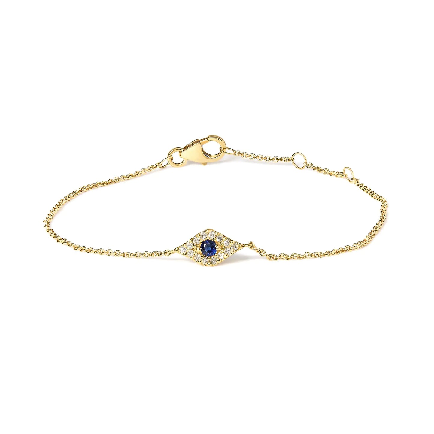 10K Yellow Gold Blue Sapphire and Diamond Accent Evil Eye Station Link Bracelet (H-I Color, I1-I2 Clarity) - Size 7"