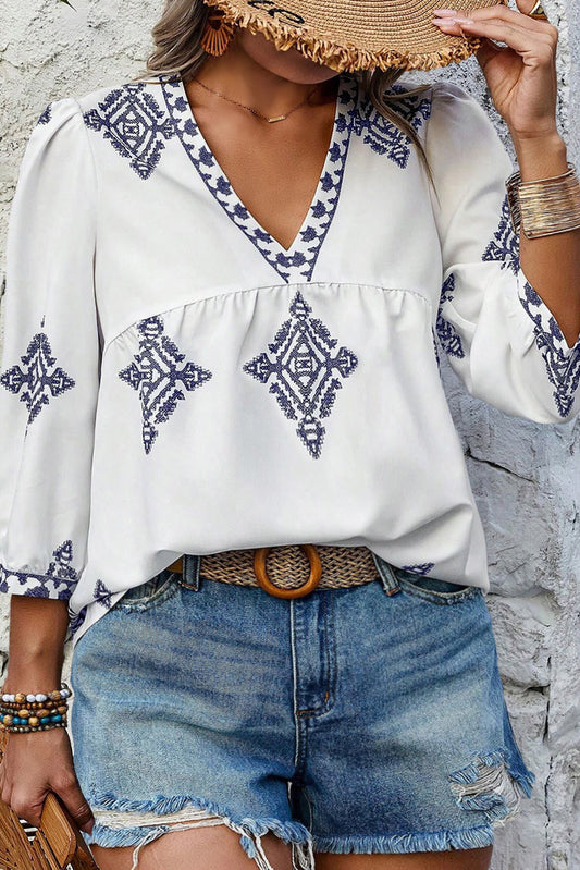 White Boho Geometric Print V Neck Bracelet Sleeve Plus Size Blouse White