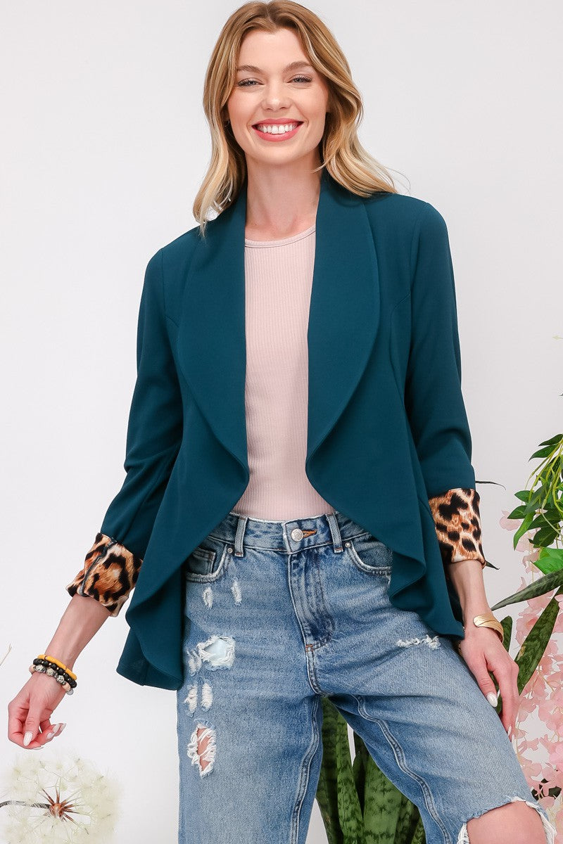 Celeste Full Size Rolled Leopard Cuff Open Front Blazer Hunter Green