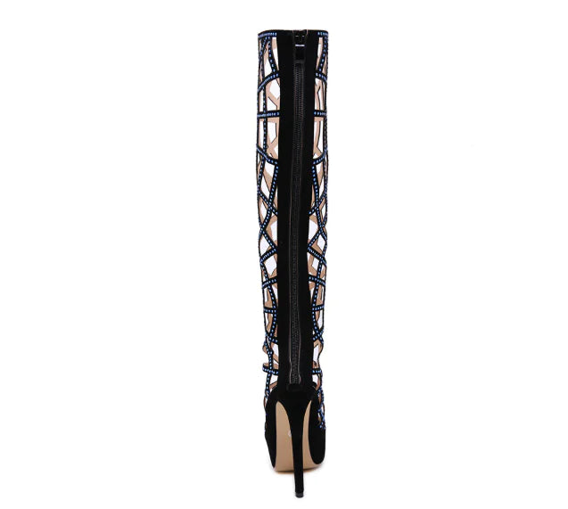 Hollow Rhinestone High Heels, Knee-High Boots, Plus Size