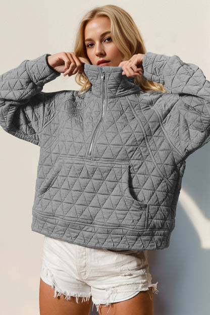 Double Take Half Zip Long Sleeve Quilted Sweatshirt with Pocket Gray