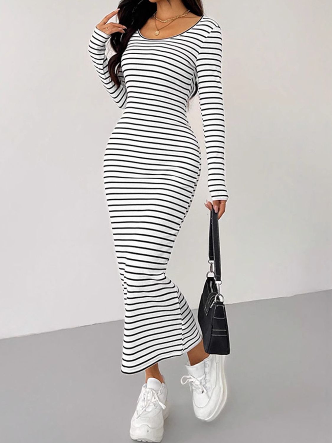 Striped Scoop Neck Long Sleeve Midi Tee Dress White