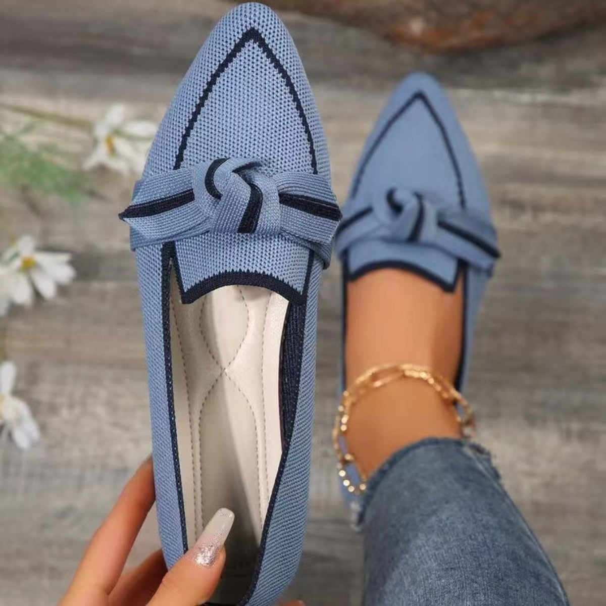 Bow Contrast Trim Point Toe Loafers Dusty Blue