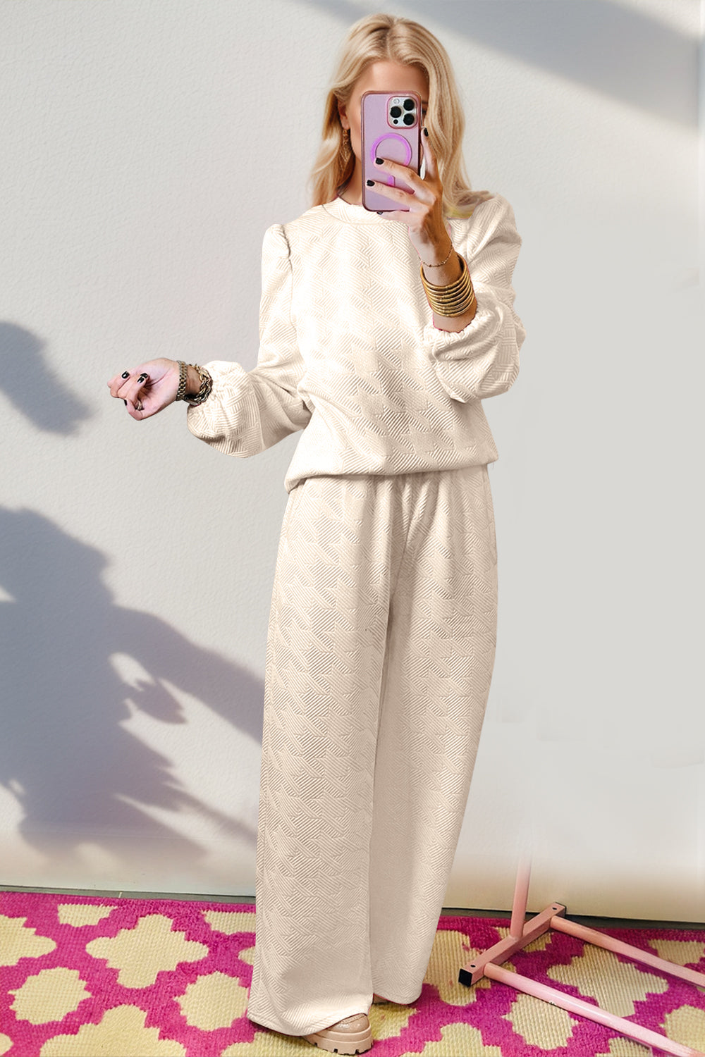 Double Take Texture Long Sleeve Top and Wide Leg Pants Set Cream