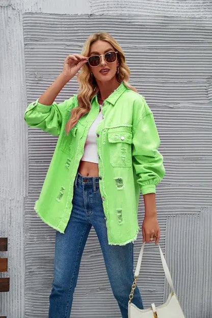 Washed Denim Jacket for Women Apple Green XXL