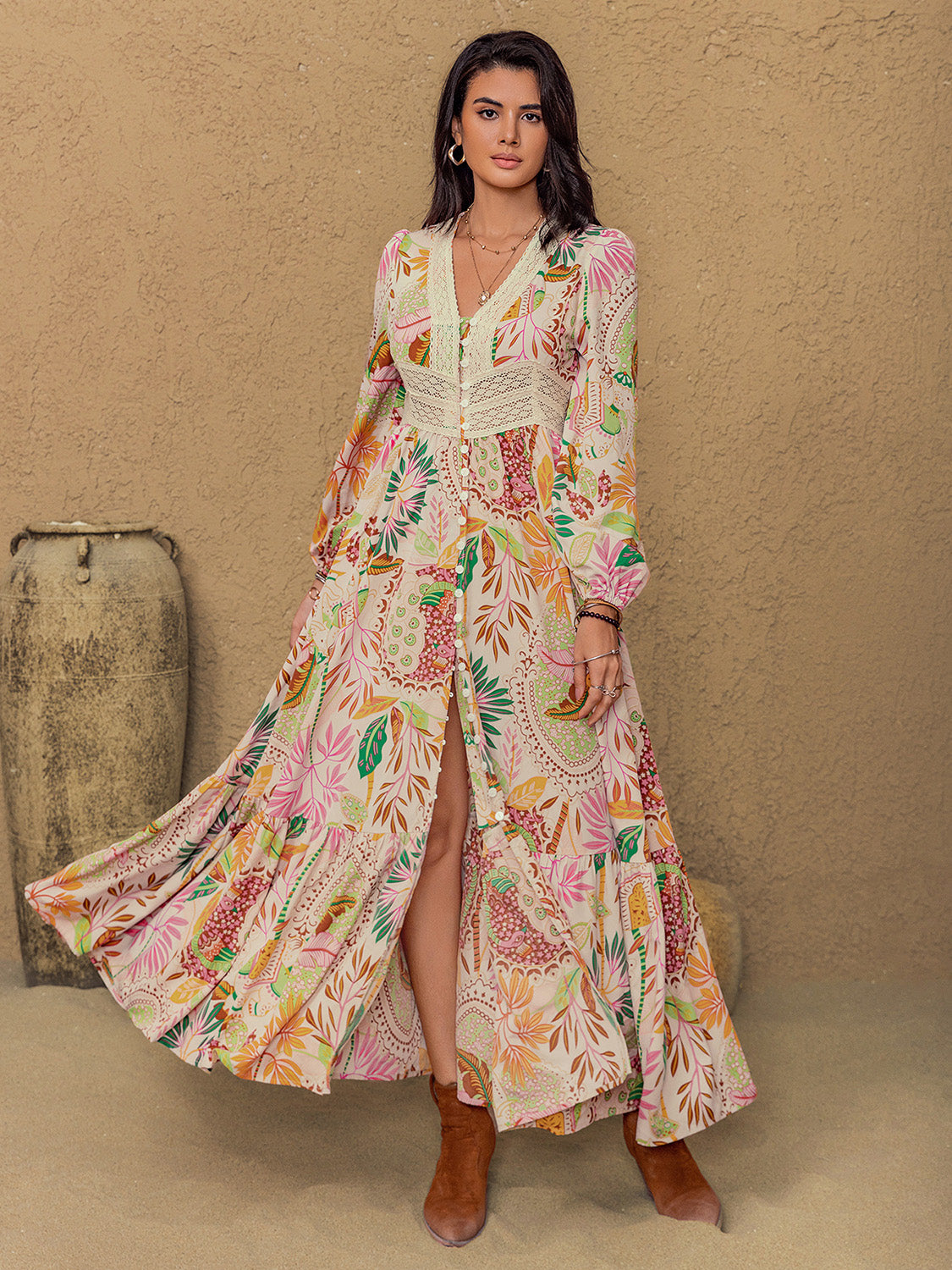 Lace Detail Printed V-Neck Long Sleeve Midi Dress Multicolor