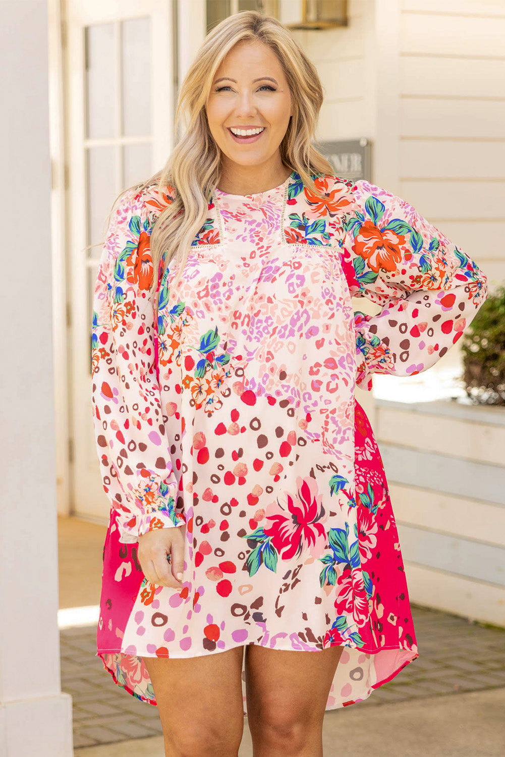 Rose Floral Long Sleeve Plus Size Shift Dress