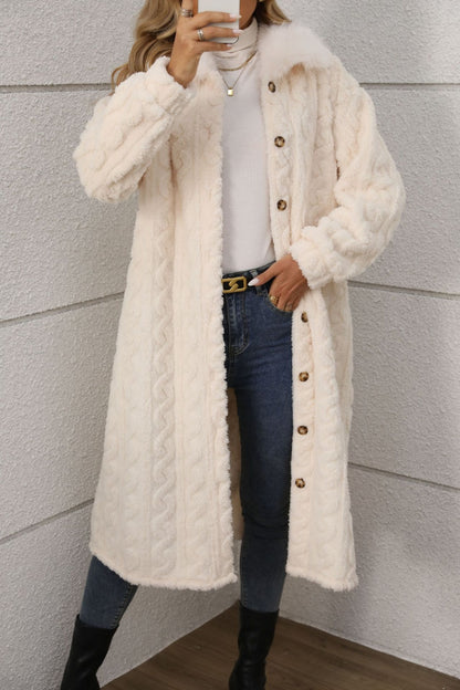 Furry Button Up Long Sleeve Longline Coat Cream