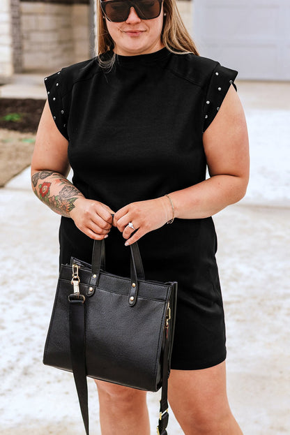 Black Studded Cap Sleeve Plus Size T-shirt Dress