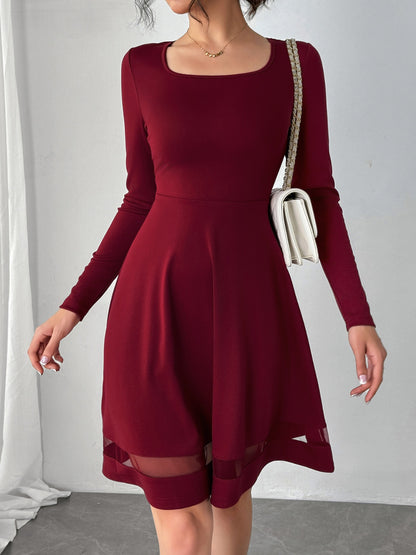 Square Neck Long Sleeve Mini Dress Burgundy