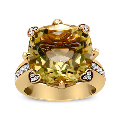 18K Yellow Gold 15x15mm Cushion Cut Lemon Quartz and 1/4 Cttw Diamond Accented Cocktail Ring (F-G Color, VS1-VS2 Clarity)