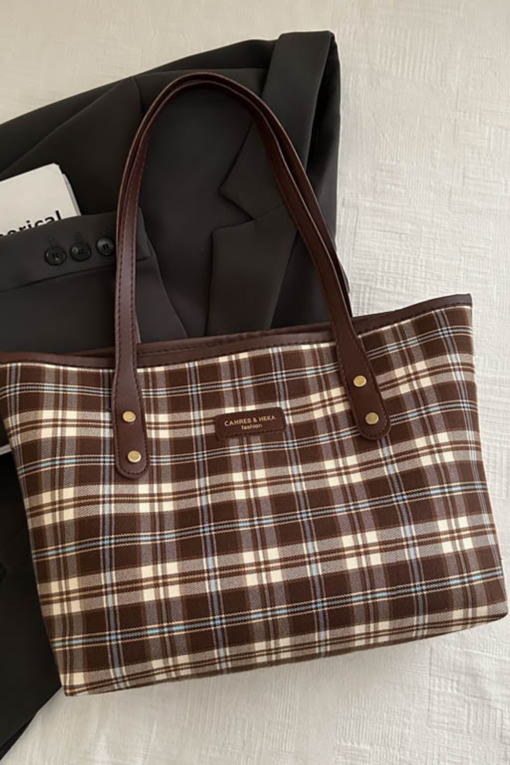 Plaid PU Leather Tote Bag Brown One Size