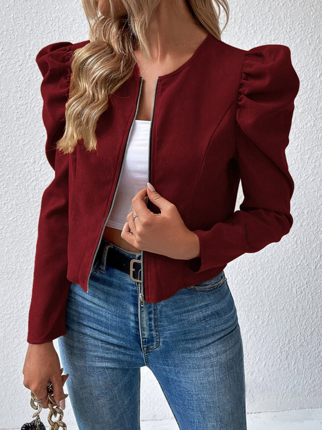 Zip Up Puff Sleeve Jacket Burgundy