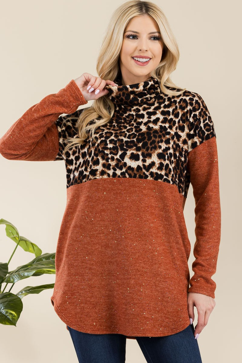 Celeste Full Size Curved Hem Leopard Turtleneck Long Sleeve Blouse Rust Leopard