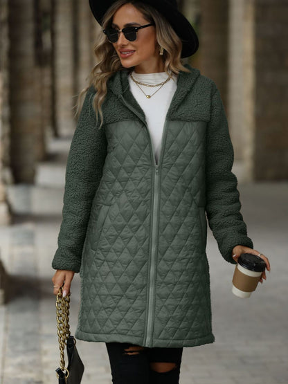 Texture Zip Up Long Sleeve Hooded Coat Army Green