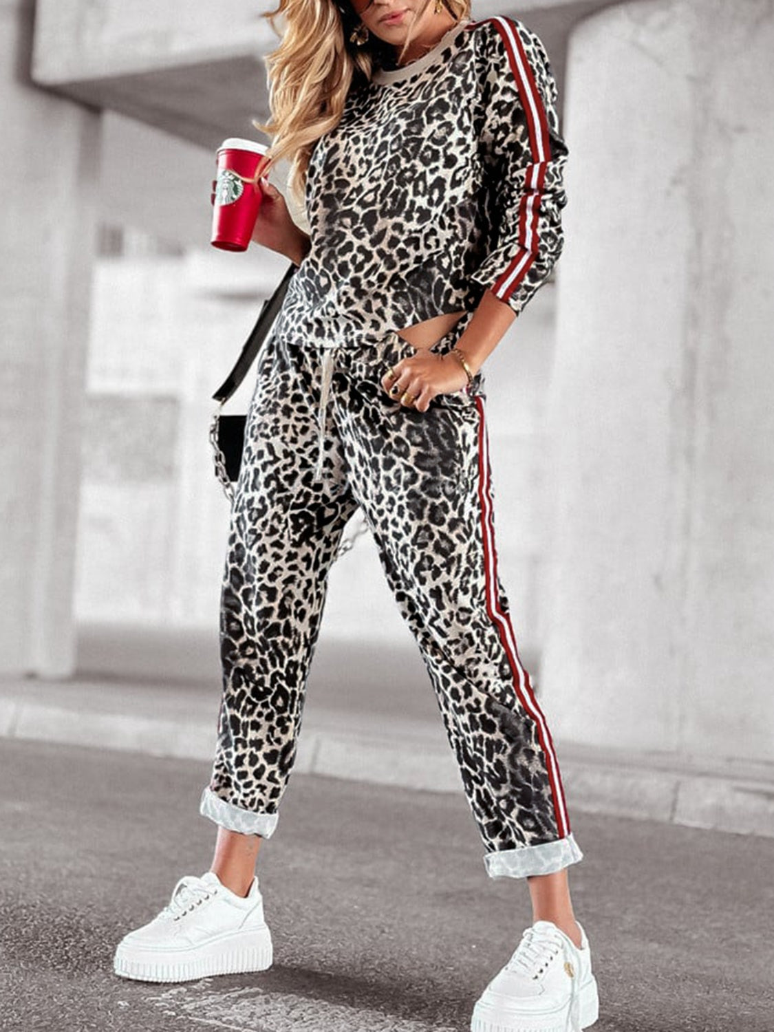 Leopard Round Neck Long Sleeve Top and Pants Set Leopard