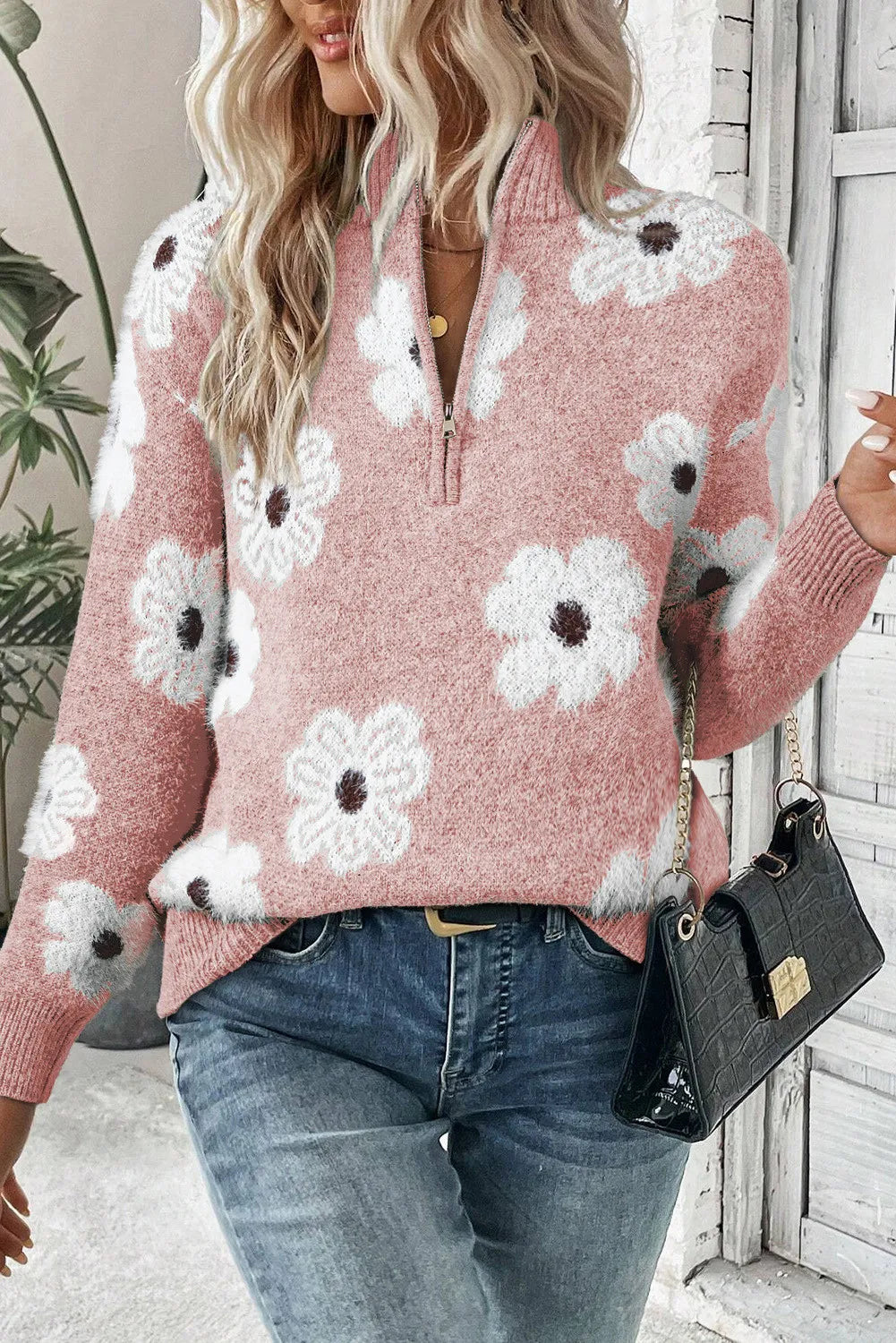 Flower Half Zip Long Sleeve Sweater Blush Pink