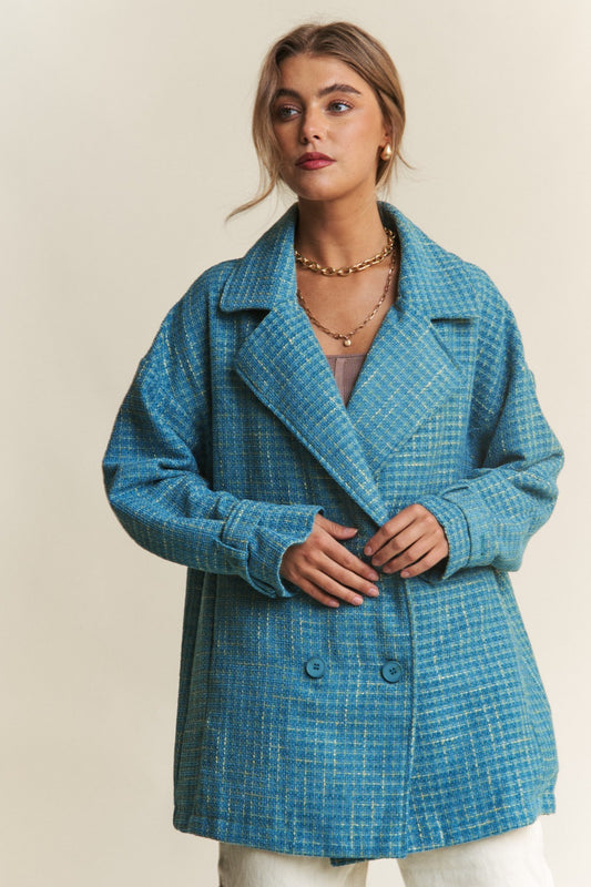 J.NNA Tweed Double-Breasted Long Sleeve Coat Emerald Sea