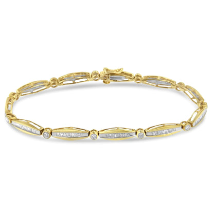 14K Yellow Gold 1-1/2 Cttw Round Brilliant-Cut & Baguette Cut Diamond Bezel and Tapered Link 7" Tennis Bracelet (H-I Color, I1-I2 Clarity)