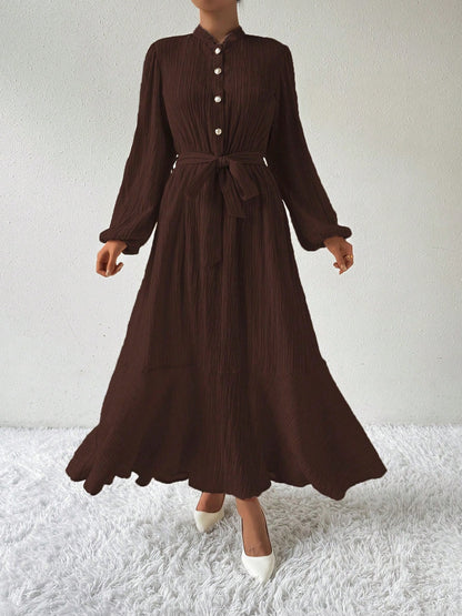 Half Button Tie Waist Long Sleeve Maxi Dress Chocolate