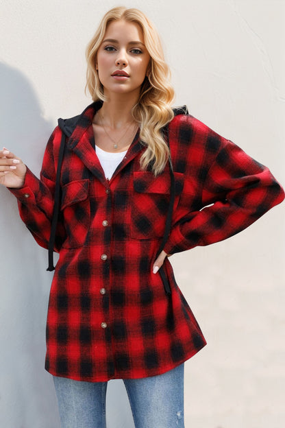 Double Take Drawstring Plaid Long Sleeve Hooded Shacket Deep Red