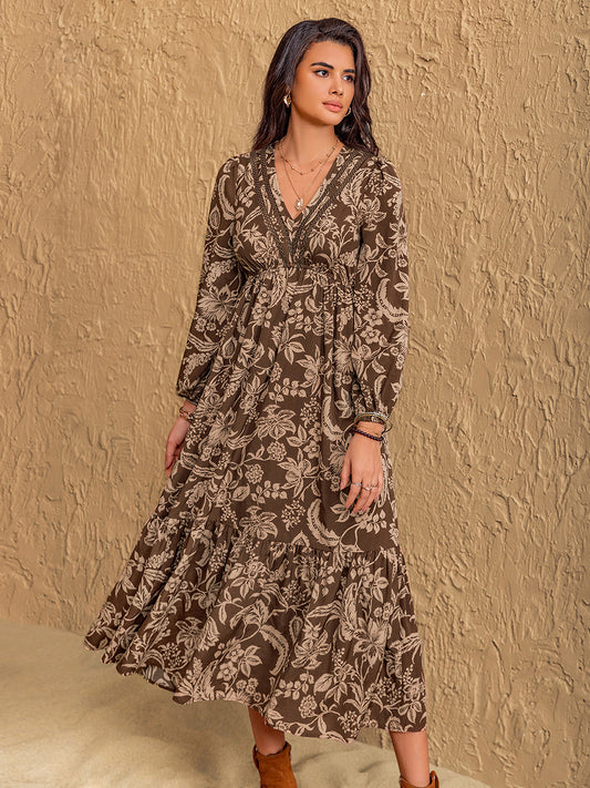 Ruched Printed V-Neck Long Sleeve Midi Dress Taupe