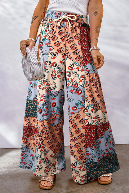 Full Size Drawstring Printed Wide Leg Pants Apricot