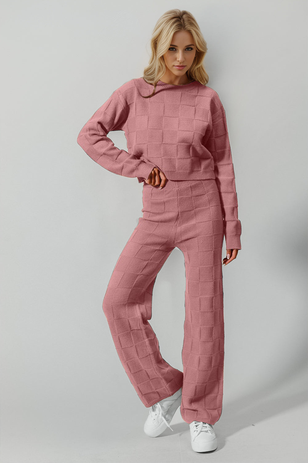 Double Take Full Size Checkered Round Neck Top and Pants Set Pink