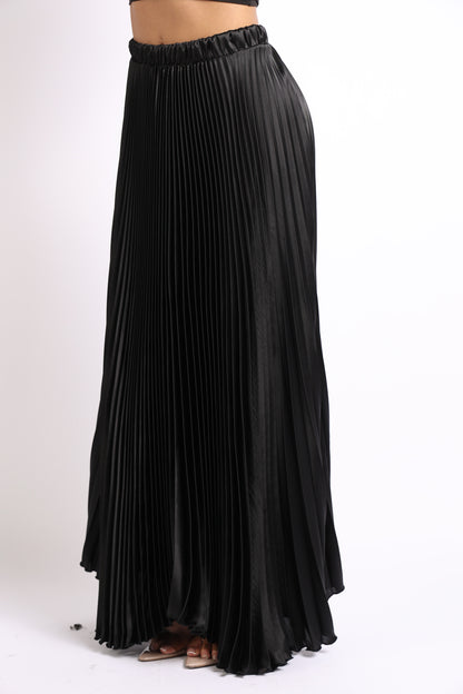 Elastic High Waist A-Line Pleated Satin Maxi Skirt BLACK