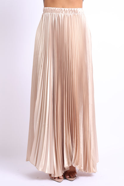 Elastic High Waist A-Line Pleated Satin Maxi Skirt TAUPE