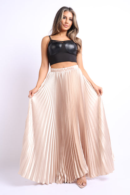 Elastic High Waist A-Line Pleated Satin Maxi Skirt TAUPE