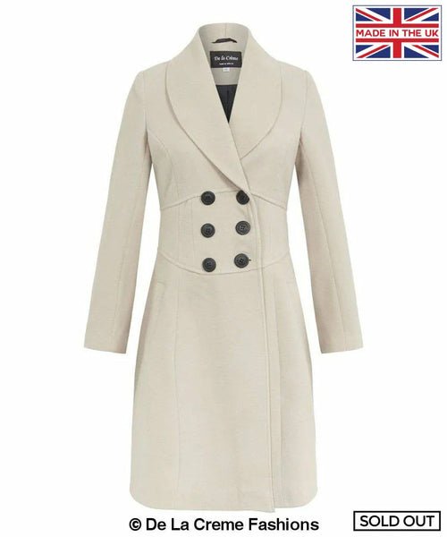 De La Creme - Womens Slim Fit Double Breasted Roll Collared Coat Bisque