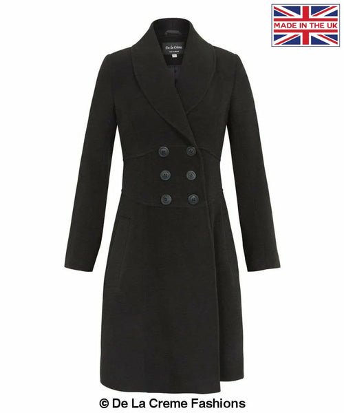 De La Creme - Womens Slim Fit Double Breasted Roll Collared Coat Black