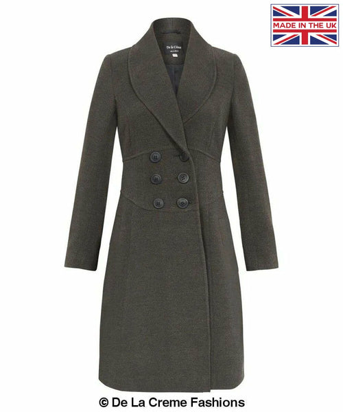 De La Creme - Womens Slim Fit Double Breasted Roll Collared Coat Grey