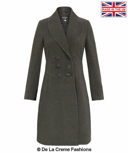 De La Creme - Womens Slim Fit Double Breasted Roll Collared Coat Grey