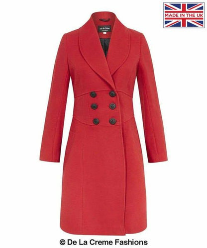 De La Creme - Womens Slim Fit Double Breasted Roll Collared Coat Red