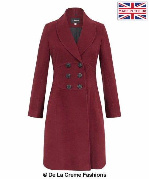 De La Creme - Womens Slim Fit Double Breasted Roll Collared Coat Wine