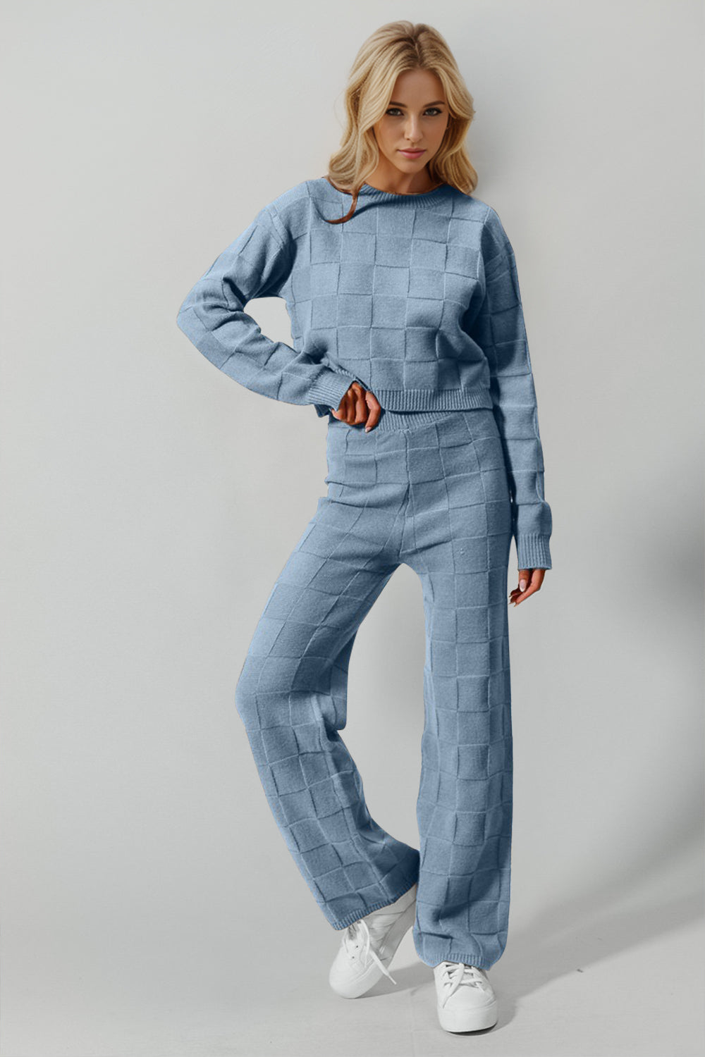 Double Take Full Size Checkered Round Neck Top and Pants Set Light Blue