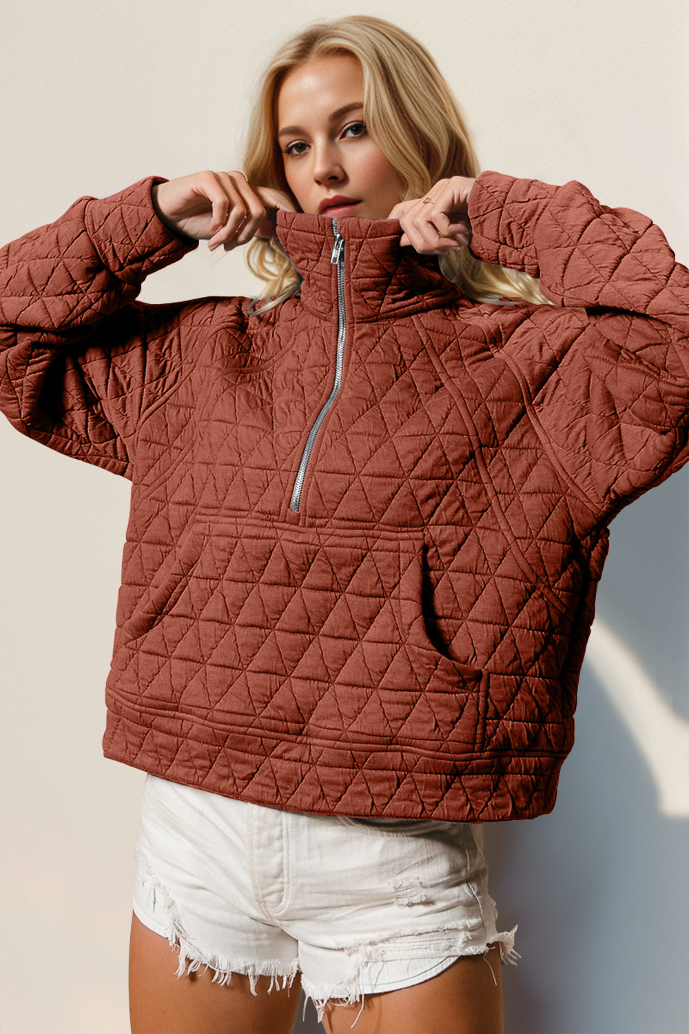 Double Take Half Zip Long Sleeve Quilted Sweatshirt with Pocket Caramel